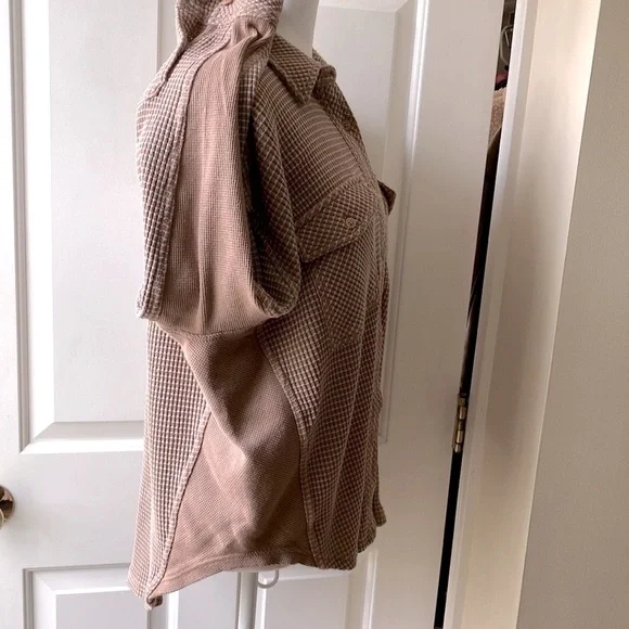 Aerie Women’s Textured Waffle Shirt Long Sleeve Brown & Cream Size Oversized XXS - Picture 12 of 16